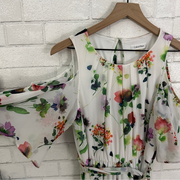 CALVIN KLEIN White Floral Cold Shoulder Belted Chiffon Maxi Dress - Picture 3 of 9